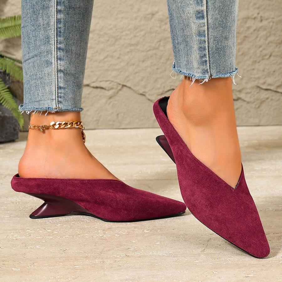 2026 Spring/Summer New Women's Pointed Toe Slimming Commuter Elegant Slip-On Mule Shoes With Wedge Heel Half-Back - Hot Pink - View 1