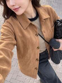 Women's Vintage Brown Short Suede Jacket, Casual Button-Front Pocket Shirt Jacket, Suitable For Autumn/Winter - Camel - View 1