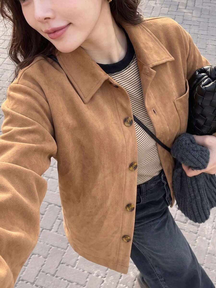 Women's Vintage Brown Short Suede Jacket, Casual Button-Front Pocket Shirt Jacket, Suitable For Autumn/Winter - Camel - View 1
