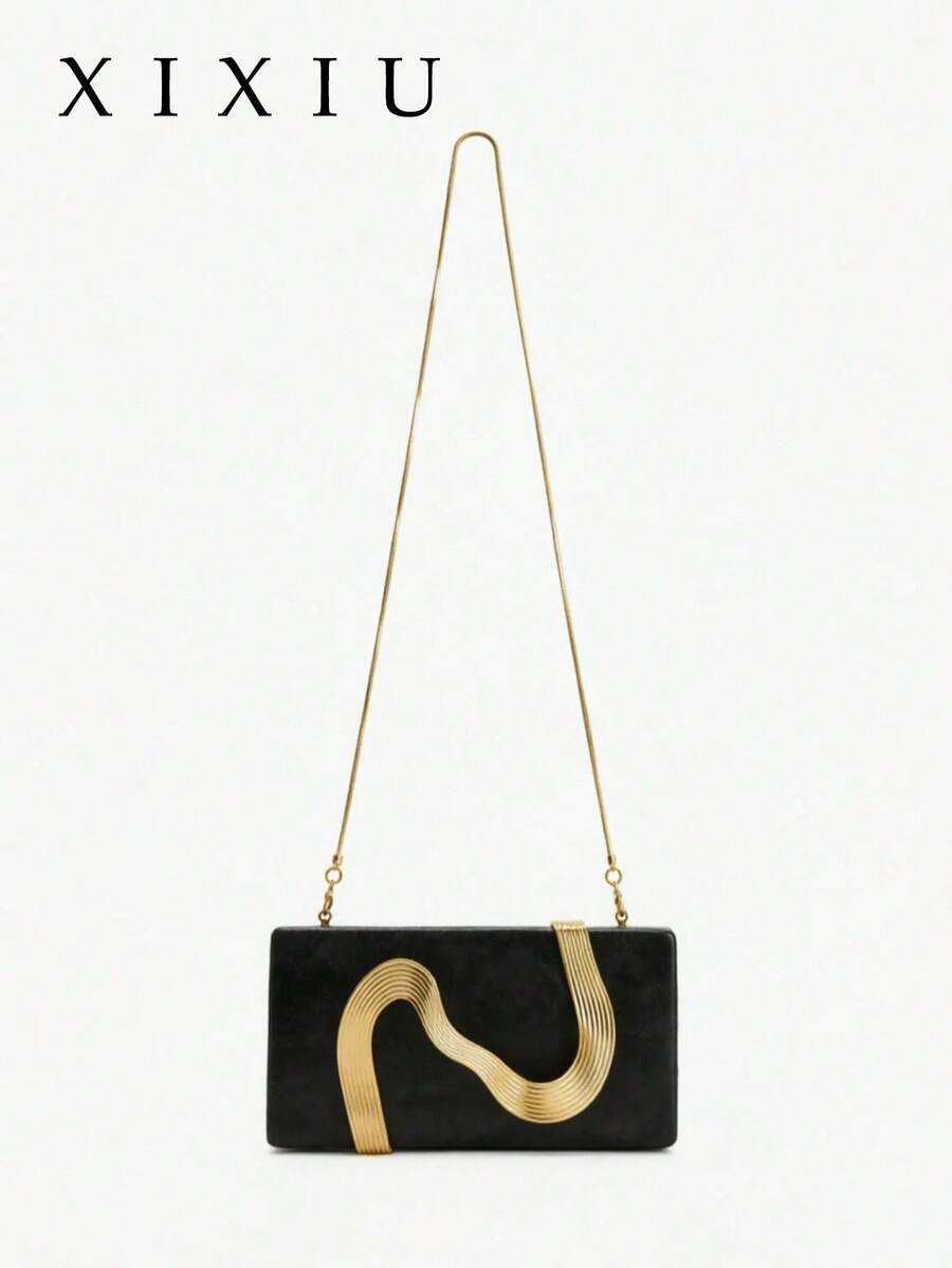 Women Evening Clutch Bag,Plain Satin Fabric,Wavy Gold Metal Hardware,Detachable Chain Strap,Elegant Luxury,Party Wedding Shoulder Handbag For Ladies - Black - View 1