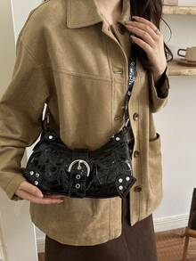 2026 Autumn New Fashion Casual Underarm Bag, Personalized Minimalist Design With Rivets, Versatile Shoulder Bag Handbag - Black - View 4