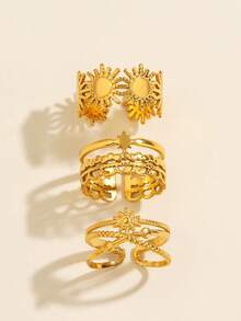 3pcs Stainless Steel 18K Gold Plated Sun Ring Set Suitable For Women's Daily Wear And Gatherings - Multicolor - View 4