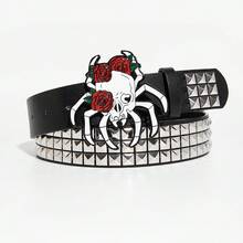 1件黑色鉚釘腰帶，紅玫瑰骷髏蜘蛛造型扣環，黑白對比搭配三排銀色方形錐形鉚釘，暗黑哥德龐克風，可調節腰帶，適合街頭穿搭、音樂節與萬聖節派對 - 黑色蜘蛛扣 - 查看 7
