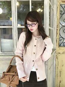 Sweet Pink Cable Knit Cardigan Jacket, Casual Lazy Round Neck Sweater Top For Autumn/Winter - Pink - View 3
