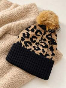 1pc Women's Autumn Winter Leopard Print Knit Beanie, Rolled Cuff Pom Pom Design Hatless Cap Halloween - Multicolor - View 5