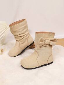 Girls' Thermal Lined Mid-Calf Boots, Beige Suede Metal Buckle Warm Ankle Boots - Beige - View 5