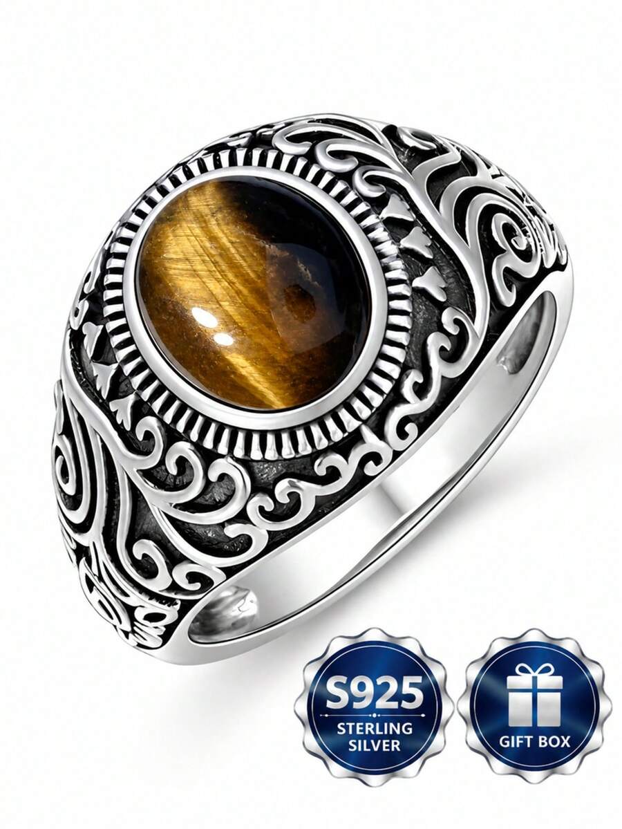 Cincin Pria Ukiran Gulir Antik Perak Sterling S925, Pita Lebar dengan Hiasan Bezel dan Tampilan Usang - Perak - View 1
