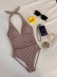 Women's Red And White Plaid Halter Neck Deep V-Neck One-Piece Swimsuit, Beachwear, Perfect For Seaside Pool Vacations - Multicolor - View 2
