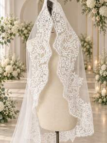 1pc Romantic Floral Embroidered Lace Cathedral Veil, Mantilla Style Bridal Long Train Veil With Hair Comb Wedding Accessory - Straight White - View 10