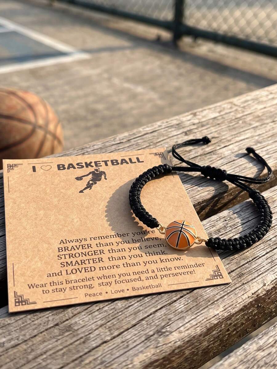 1pc Basketball Bracelet For Men, Adjustable Handmade Braided Sports Wristband, Motivational Message Card, Birthday Gift For Son, Players, Teammates - Basketball Braided Bracelet - View 1