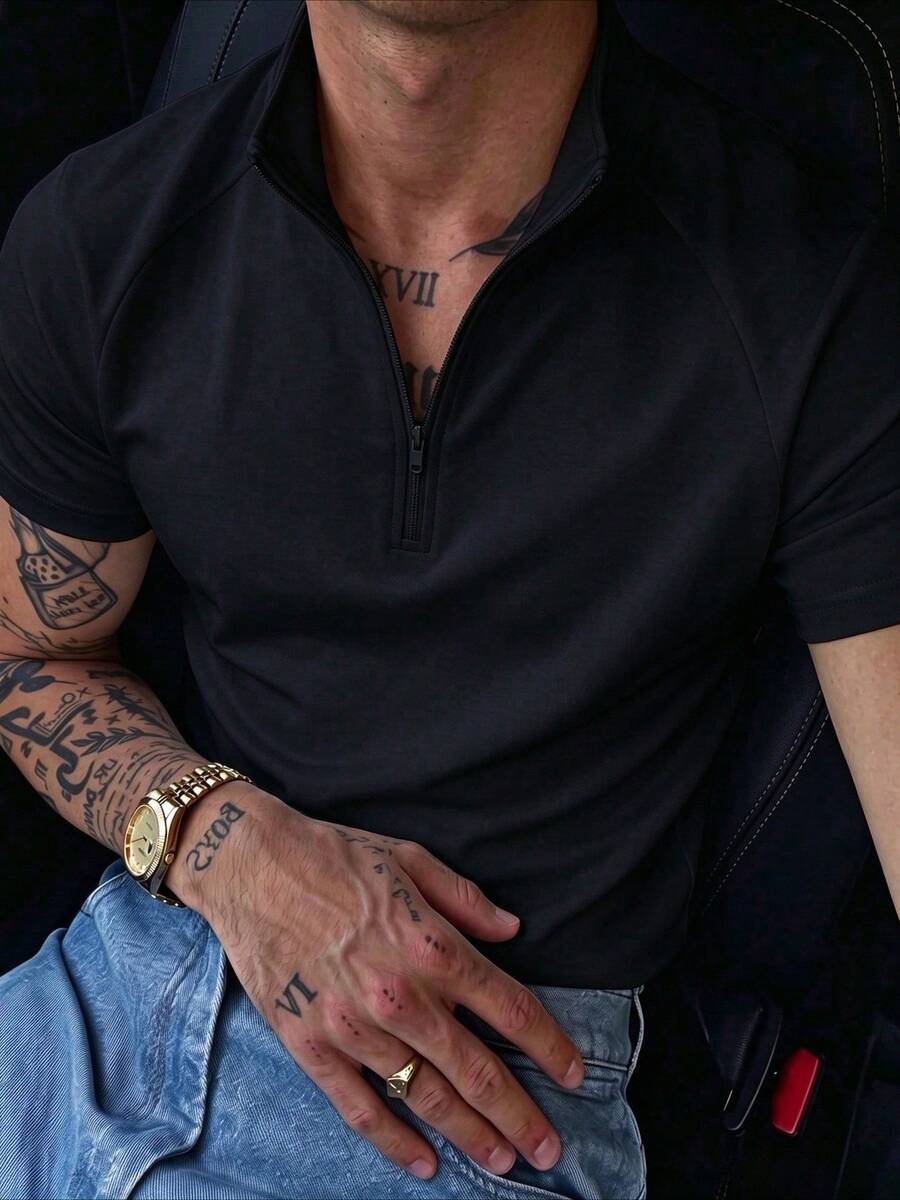 Men's Summer Fashion Raglan Sleeve Zip Collar Short Sleeve T-Shirt, Suitable For Sports, Fitness And Daily Wear