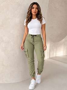 ChicMe Women's Drawstring Elastic Waist Multi-Pocket Cargo Pants - Army Green - View 4