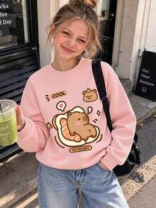 Tween Girl Crewneck Sweatshirt, Cute Capybara On Toast Cartoon Graphic Print, Casual Long Sleeve Top For Girls Spring Fall School Wear - Pink - View 7