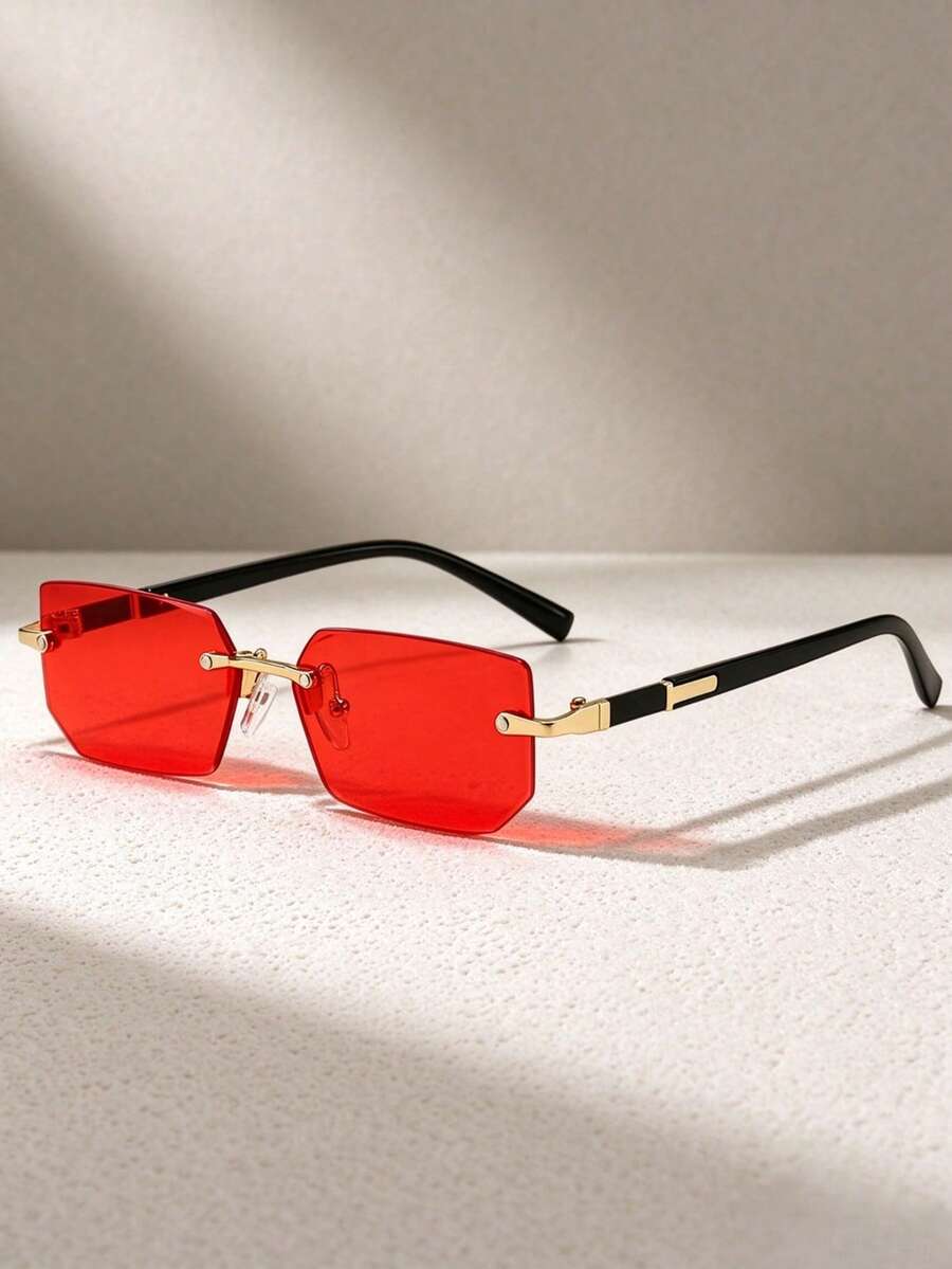 1 Pair Unisex Black Small Frame Fashion Rimless Y2K Summer Beach Driving Fashion Glasses, Beach Accessory, Create Street Style, Suitable For Matching With Sweaters, Jackets, Hoodies, Outdoor Activities And Travel - Red - View 1