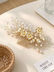 1pc Vintage Gold Flower Pearl Rhinestone Hair Comb, Metal Floral Leaf Design Bridal Updo Hair Accessory - Multicolor - View 2