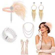 Vintage Party Accessories Set, Feather Rhinestone Headband, Pearl Necklace & Bracelet, Tassel Earrings, Satin Opera Gloves - Apricot - View 5