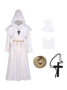 Halloween Medieval Monk Priest Costume Set, White Hooded Robe With Cross Necklace And Rope Belt, Suitable For Masquerade, Cosplay Themed Party, Holiday Gift Choice - Multicolor - View 11