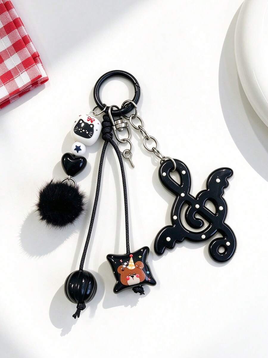 Handmade Star Bear Keychain, Cute Black Cat Bead Bag Charm, Yellow Fluffy Ball Key Ring, Aesthetic Lace Key Accessory - Multicolor - View 1