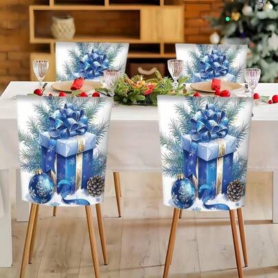1/2/4/6 Juegos de fundas para sillas con estampado digital, combinadas con una caja de regalo de color azul fresco y un lazo grande, son adecuadas para restaurantes, hoteles, ocasiones de celebración y decoraciones festivas, lo que las convierte en un regalo ideal para Navidad.