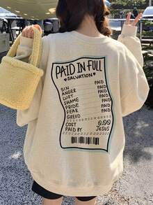 Creative Receipt Text Front & Back Print Crew Neck Sweatshirt Women Autumn Loose Drop Shoulder Casual Long Sleeve Top - Off-white - View 5