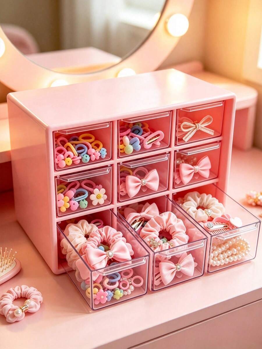 1pc 9-Compartment Transparent Drawer Desktop Organizer, Baby Hair Accessories Storage Box, Children's Room Multi-Color Desktop Display Storage Box, Baby Girl Small Accessories Room Storage, Vanity Hair Accessories Organizer Storage Box - Multicolor - View 1