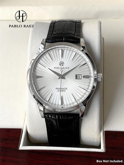 Pablo Raez 1pc Men's Business Watch, Silver-Plated Stainless Steel Exquisite Wristwatch, Sweeping Quartz Movement, Metal Texture Premium Dial Design, Minimalist Bar Metal Markers, Date Display, 50m Water Resistant, Black Soft Comfortable PU Leather Strap, Fashion New Brand Original Classic Electronic Watch, Sports Casual Men's Watch, Suitable For Daily Work, Study, Life Wear, Party Men's Accessory Decoration, Men's Gift, Father Husband Boyfriend Exquisite Birthday Gift