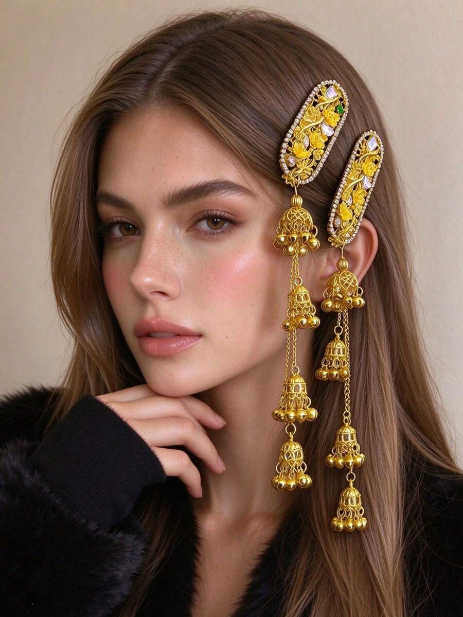 1pc Gold Bell Tassel Hair Clip, Rhinestone Bride Side Clip Wedding Hair Accessory - Multicolor - View 1