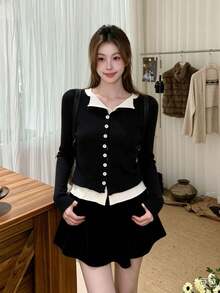 Black 2 In 1 V-Neck Knit Cardigan Contrast Color Slim Fit Flattering Sweater Top For Women - Black - View 3