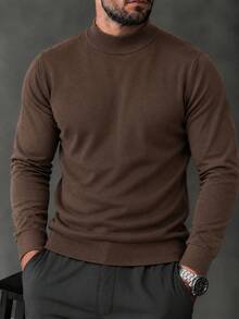 Men's Plus Size Half Mock Neck Knitted Sweater, Solid Color Slim Fit Long Sleeve Pullover Base Layer Knit Top, Autumn/Winter - Brown - View 4