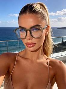 1 Pair Women's Square Small Frame Light Color Literary Style Clear Lens Glasses, Suitable For Computer, Gaming, TV, Smartphone - Green Flat - View 1
