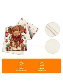 1Pc Christmas Table Runner Cute Highland Cow With Santa Hat & Christmas Lights Print Table Runner Red Snowflake Farmhouse Xmas Dining Table Decor For Holiday Party - Red - View 8
