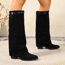 European And American Style Pointed Toe High Heel Mid-Calf Boots Women's Autumn New Suede Chunky Heel Fashion Boots Plus Size - Black - View 4
