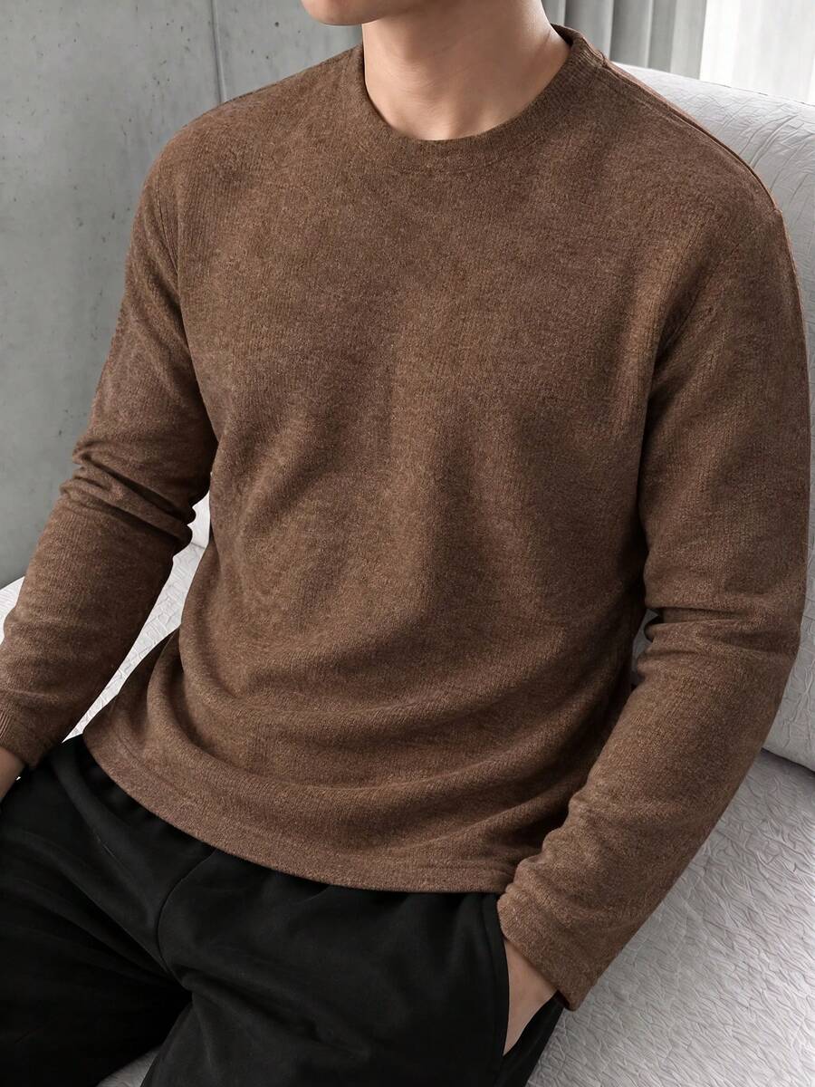 Men's Waffle Texture Base Layer Top, Spring/Autumn Minimalist Solid Color Crew Neck Slim Fit Casual Innerwear Long Sleeve T-Shirt - Brown - View 1