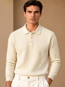 Manfinity Homme Men Solid Beige Geometric Jacquard Long Sleeve Polo Shirt, Textured Fabric Lapel Button , Old Money Style Casual Daily Golf Wear - Khaki - View 2