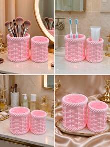 2pcs/1pc Imitation Rattan Bathroom Storage Cup, Toothbrush Toothpaste Holder, Multi-Purpose Organizer For Comb & Makeup Brushes, Ins Style Countertop Bathroom Storage Container - Multicolor - View 8