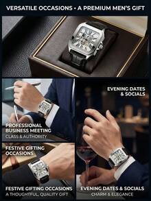 1pc Men's Square Roman Numeral Hollow Mechanical Watch With Vintage Leather Strap, Fashionable Wristwatch - Mouldless - View 6