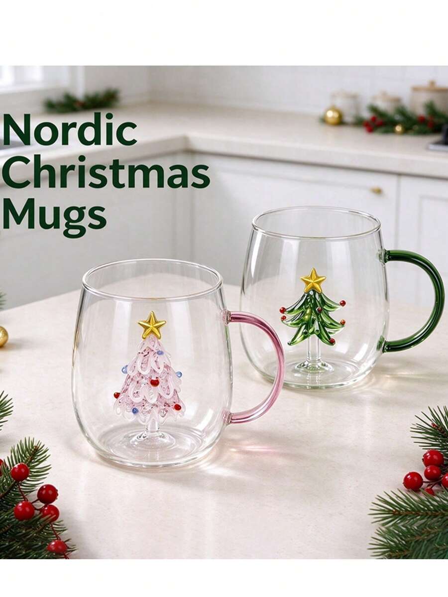 Nordic 3D Christmas Tree Handle Glass Mug, Couple Christmas Cup For Home Party Decoration - Multicolor - View 1