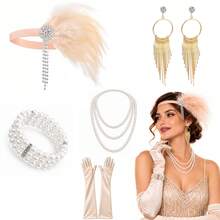 Vintage Party Accessories Set, Feather Rhinestone Headband, Pearl Necklace & Bracelet, Tassel Earrings, Satin Opera Gloves - Apricot - View 1