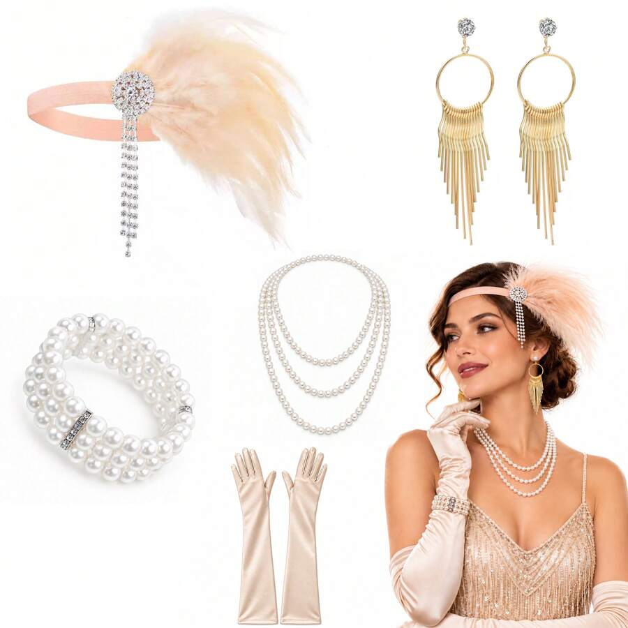 Vintage Party Accessories Set, Feather Rhinestone Headband, Pearl Necklace & Bracelet, Tassel Earrings, Satin Opera Gloves - Apricot - View 1