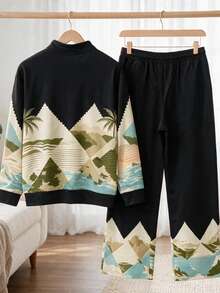 Men's Tropical Landscape Print Half-Zip Sweatshirt And Wide Leg Pants Set - Multicolor - View 6