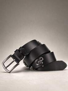 LJSQ 1pc Top Grain Leather Punk Style Rivet Belt Men's Genuine Leather Unique Niche Street Motorcycle Casual Cargo Pants Belt - Black - View 6
