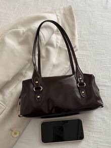 Women's Shiny Faux Leather Shoulder Bag, Vintage Underarm Handbag, Gold Metal Rivet Buckle, Zipper Closure, Fashionable Daily Shoulder Bag - Coffee - View 5