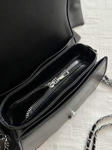 Women's Quilted Saddle Bag, Pure Black Faux Leather Elegant Crossbody Bag With Metal Chain Strap, Suitable For Daily, Dating, Party Use - Black - View 6