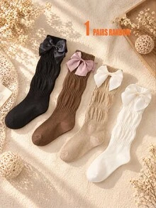 Autumn/Winter 1/4 Pairs Girls/Children Calf Socks, Retro Sweet Bow Pattern Decorated, Solid Color Minimalist Slouchy Style Mid-Calf Socks, Fashionable Breathable Comfortable Soft Slouch Socks, Suitable For 1-12 Years Old Daily Casual Wear/Back To School/Autumn Outings, Random Color And Style - Multicolor - View 15