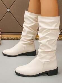 Autumn/Winter New Beige Slouchy Boots, Soft Leather Ruched Mid-Calf Long Boots, Simple Gentle Versatile Women's Tall Boots - Beige - View 3