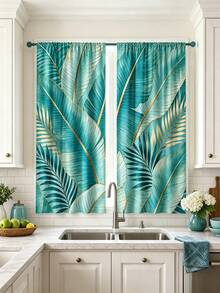 2pcs, Polyester Material, Blue-Green Tropical Banana Leaf Pattern Print, Light Filtering Curtains, Suitable For Bedroom, Living Room, Office And Home Decor, Rod Pocket Design, Suitable For Rod Installation - A - View 3
