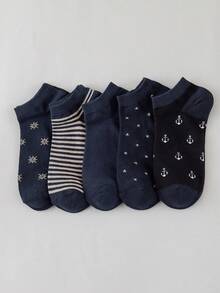 5 Pairs Men's Socks, Deep Blue Nautical Anchor & Ship Wheel Design ...