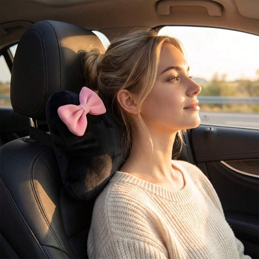 Black Car Headrest Pillow With Bow Or Cartoon Panda, Cute Girly Style Memory Foam Neck Support Pillow, Comfortable Decorative Car Interior Cushion - Headrest - View 1