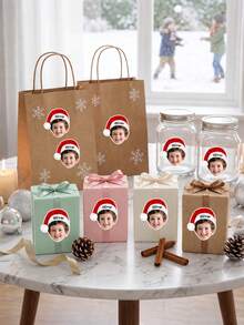 6/12/24pcs Customized Christmas Santa Hat Children Stickers, Personalized Photo And Name Custom Stickers, Christmas Party Gift Bags, Candy Jar Decoration Stickers - Multicolor - View 4