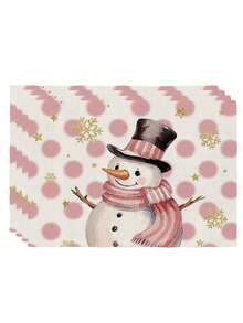 4Pcs Christmas Snowman Placemats Pink Polka Dot & Golden Snowflake Star Print Table Mats Winter Holiday Dining Table Decor - Baby Pink - View 7